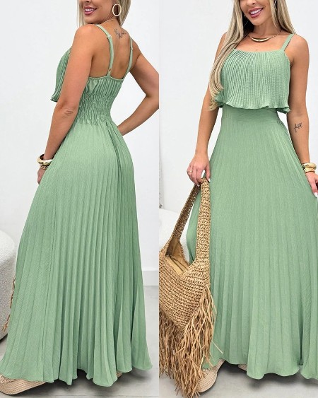 French Style Adjustable Spaghetti Straps Backless Pleated Overlay Design Cami Dress Casual Cinched Waist Shirred Back Pleated Vacation Dress