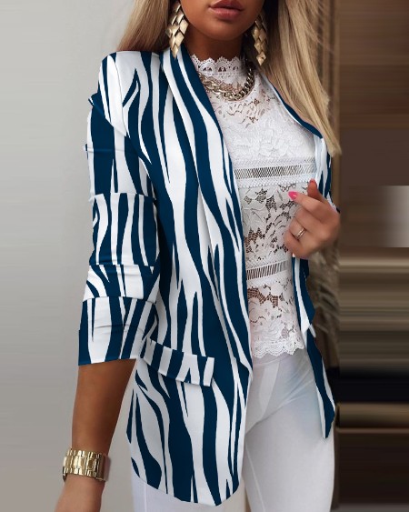 Zebra Stripe Shawl Collar Open Front Flap Detail Blazer