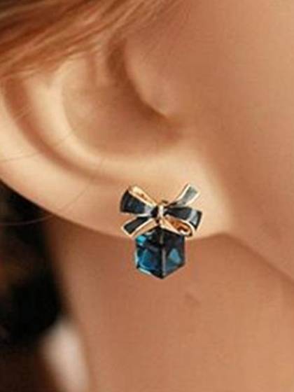 New Fashion Lovely Cute Blue Women Bowknot Crystal Cubic Ear Stud Earring Gift For Lover Girls