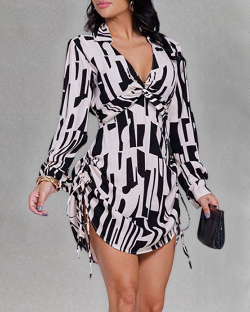 All Over Print Turn-down V-Neck Twisted Side Drawstring Shirt Dress