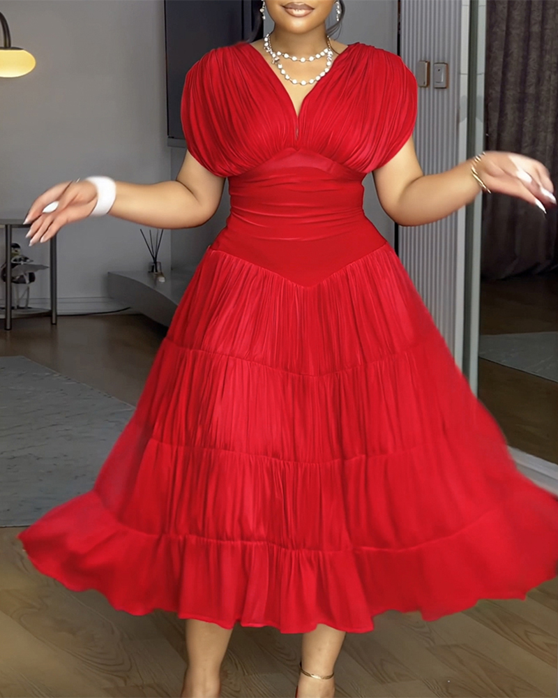 Textured V Neck Sleeveless Ruched Ruffles Hem Dress Casual Waist A Line Party Midi Dress