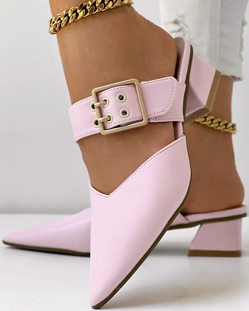 Buckled Point Toe Chunky Heel Mules