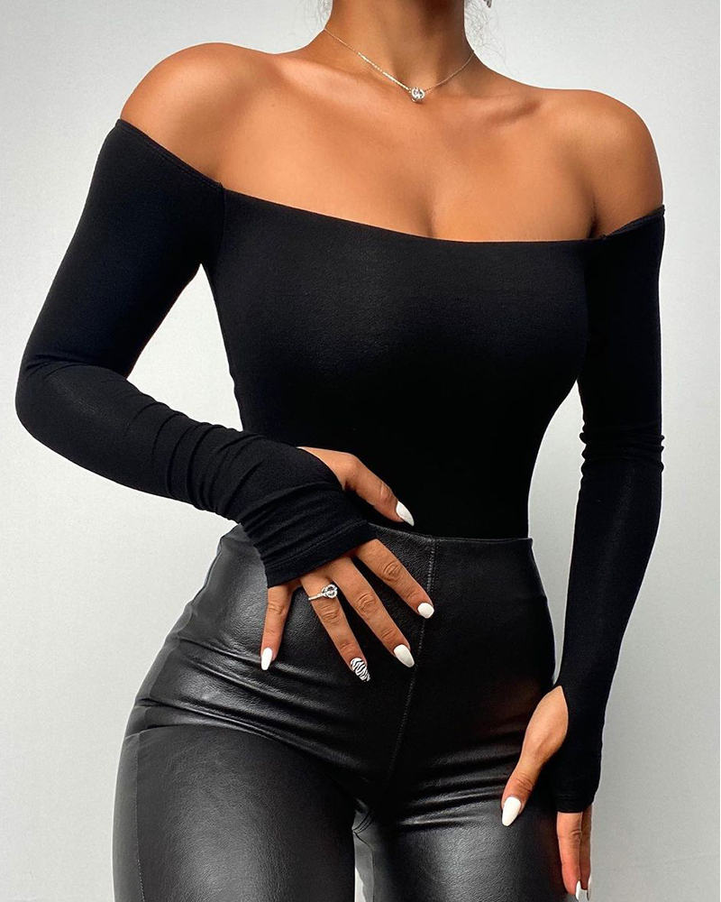 Off Shoulder Long Sleeve Skinny Casual Top with Thumb Hole Cuffs