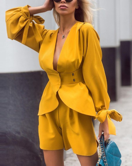 Puff Sleeve Corset Tie Top & Shorts Set