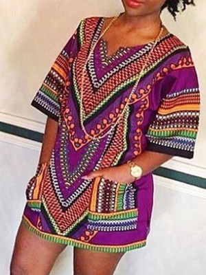 Summer Women's Fashion Totem Print Casual Dress Half Sleeve Vintage Dress