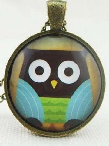 Fashion Lovely Vintage Colorful Cute OWL Necklace & Pendants Glass Cabochon Necklace Bronze Chain