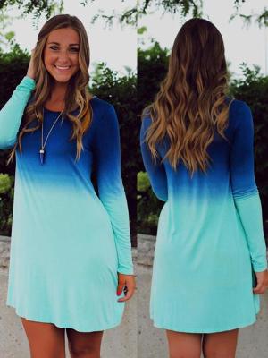 Women Gradient Color Dip Dye Print Dress Long Sleeve Short Dresses