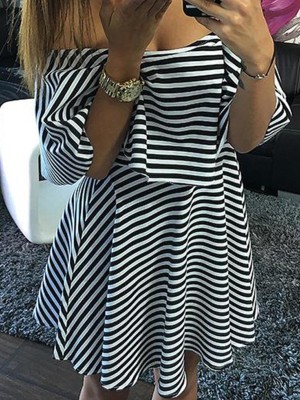 2PCS Women Slash Neck Striped Dress Suit Set Crop Top Irregular Skirt Dress Suit Elastic Wasit