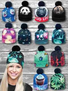 Unisex Women Men Winter New Fashion Warm 3D Digital Print Beanie Pelote Pompon Knitted Hat