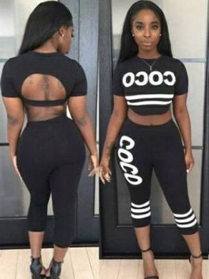 Women's Fashion 2pcs Slim Letter Print Sports Suit Sets Fashion Hip Package Sweat suit