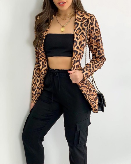 Leopard Print Notched Collar Blazer Coat