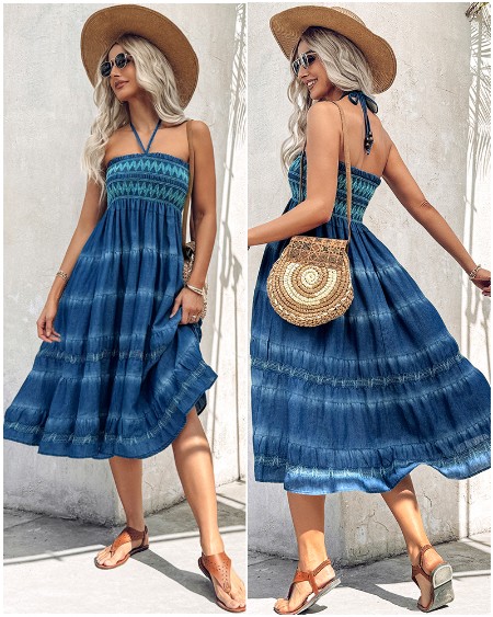 Two-Way Wear Tie Dye Tropical Print Halter Sleeveless Dress High Waist Shirred Vacation Skirt