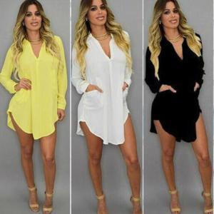Women's Fashion Plus Size Casual Bloue V-Neck Long Sleeve Chiffon Tops Turn-down Collar Loose Shirt
