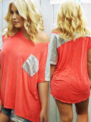 Women's Stitching Pocket T-shirt Blouse Mid-sleeve Casual Tops Loose Cotton Tops