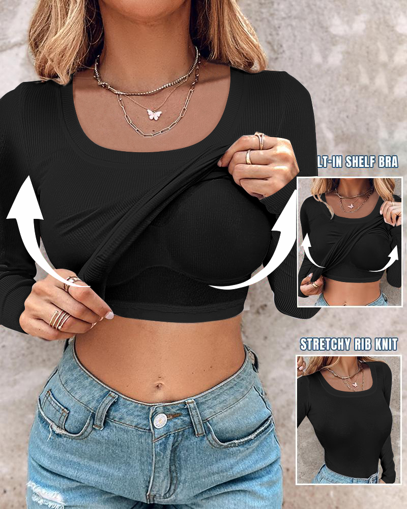 ChicMe Built-in Bra U-Neck Long Sleeve Ribbed Top