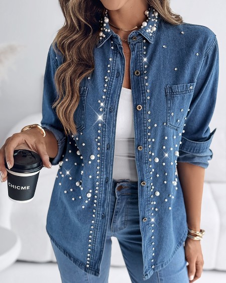 Pearls & Rhinestone Decor Turn-down Collar Button Front Denim Shirt Casual Top