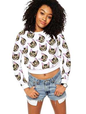 Cute Cat Animal Print Women's Autumn Winter Long Sleeve Crop Top Sweatshirt Creweck Pullovers Tops