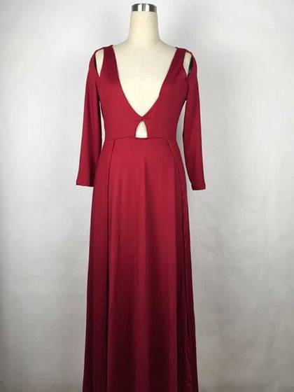 Women Sexy Deep V Neck Side Split Dress Club Wear Wine Red Evening Dress Party Dress