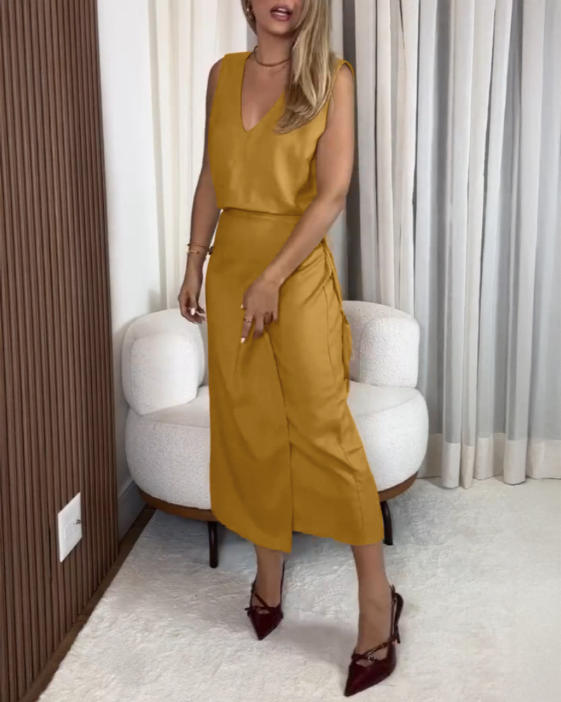 Solid Button Decor V-Neck Sleeveless Hollow-out Back Maxi Dress Casual Wrap Lace-Up Work Dress