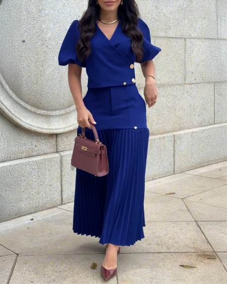 2 Pieces Outfit Overlap V-Neck Puff Sleeve Button Front Crop Top and High Waist Zipper Fly Pleated Patchwork Skirt Set