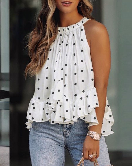 Polkadot Print Layered Ruffles Sleeveless Top
