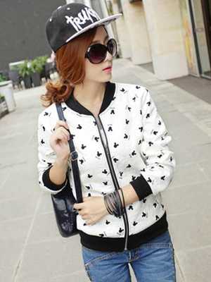Women's Korean Mickey Floral Print Short Coat Zipper Long Sleeve Baseball Jacket Unifroms