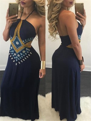 Sexy Women's Bohemian Open Back Cutout Design Maxi Dress Bandeau Casual Dress