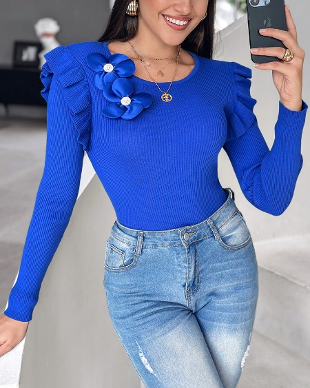 3D Flower & Rhinestone Decor Shoulder Ruffles Pullover Knit Sweater Slim Fit Long Sleeve Ribbed Top