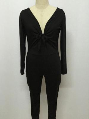 Women's Club Sexy Slim Fit Black Jumpsuit V Neck Long Sleeve Playsuit Romper