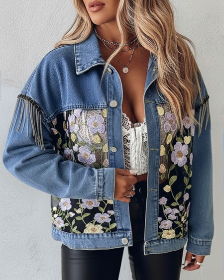Colorblock 3D Flower Lace Embroidery Patch Denim Coat Casual Turn-down Collar Jacket
