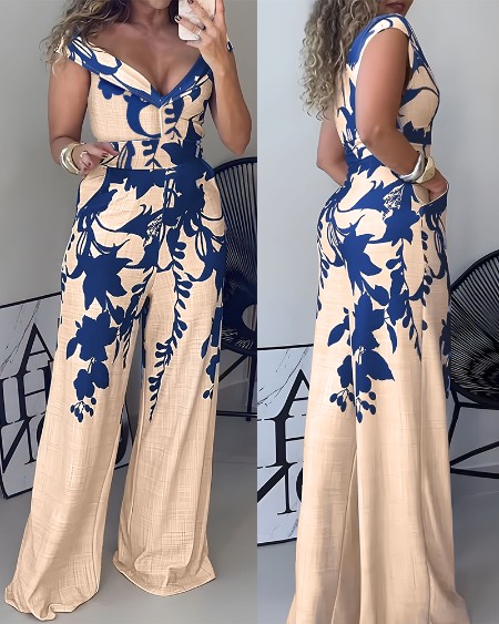 Floral Print Off Shoulder Deep V-Neck High Waist Overalls Casual Zipper Side Wide Leg Jumpsuit