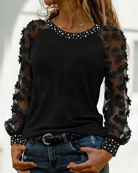 Pearls Decor 3D Floral appliques Sheer Mesh Long Sleeve Tee Casual Hollow-out Back Top