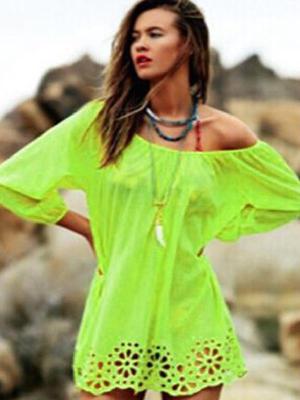 Women's Fashion Sexy Retro Loose Hollow Out Boat Neck Off Shoulder Blouse Casual Plus Size Chiffon Tops