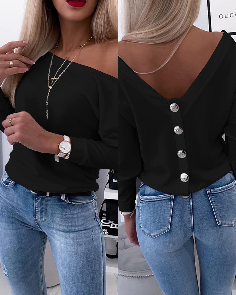 Long Sleeve Drop Shoulder Button Back Tee Casual Backless Minimalist Versatile Top