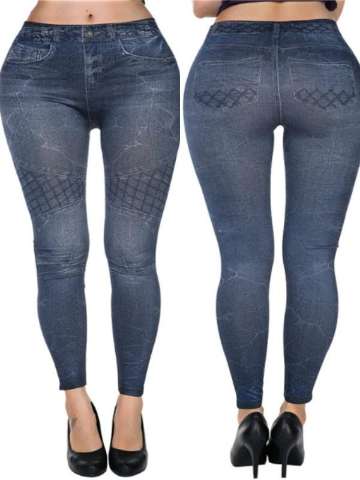 2015 Women Fashion Mesh Printed Denim Style Faux Stitched  Jean Legging Tights Stretchable