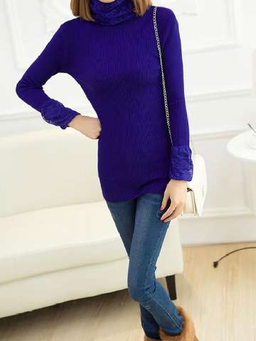 Women's Autumn & Winter New Korean Slim Lace Turtle Neck Long Knitwear Long Sleeve Thick Sweater Pullovers