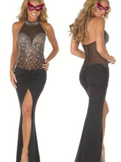 Deluxe Black Sheer Rhinestones Trims Front Slit Long Dress Gown Clubwear
