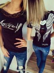 New Fashion Women's Cool  Angel Wings Print On Back T-shirt Sexy Hollow Out Short Sleeve T-shirt Hot Tops