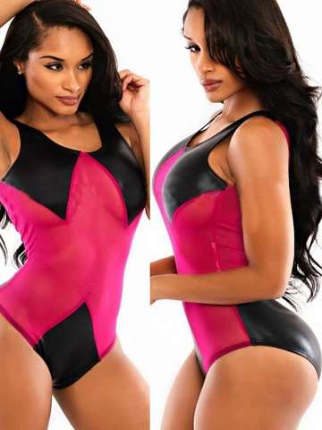 Women Fashion Sexy Color Block PU Paneled One Piece Swinsuit Swimwear