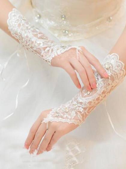 Rhinestone Bridal Gloves Wedding Party Accessory Fashion Lace Embroidered Fingerless Gloves(real objects pictures)