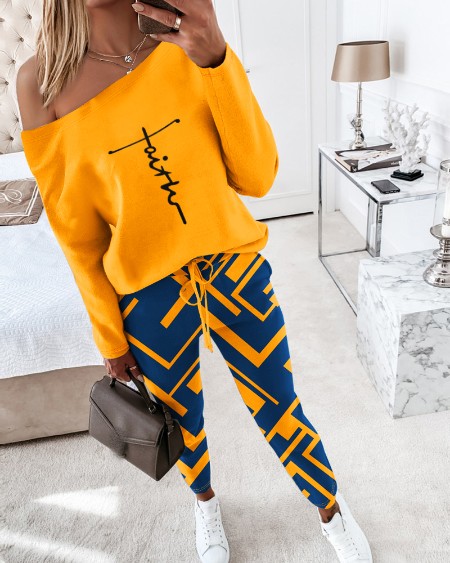 2 Pieces Outfit Faith Letter Print Skew Neck Long Sleeve Pullover Top and Colorblock Geometric Print Drawstring Stretchy Waist Slim Fit Pants Set