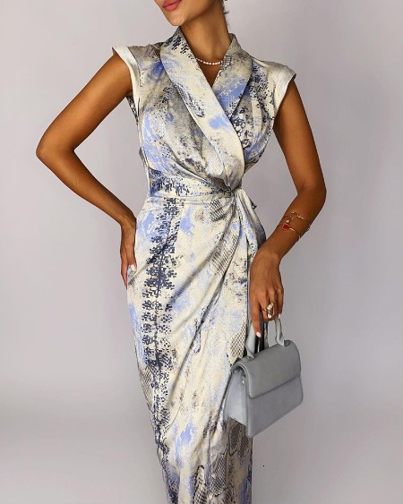 Snakeskin Print Slit Tie Side Midi Dress