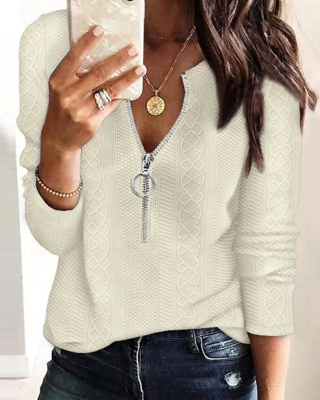 Round Neck Long Sleeves Front Half Zipper Tee Casual Pullover Top