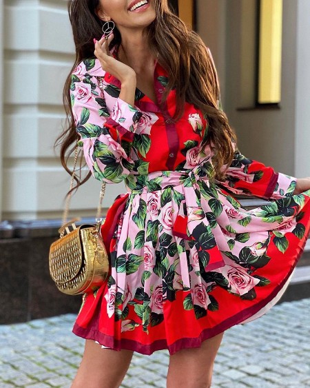 Floral Print Long Sleeve Pleated Shirt Dress With Belt
