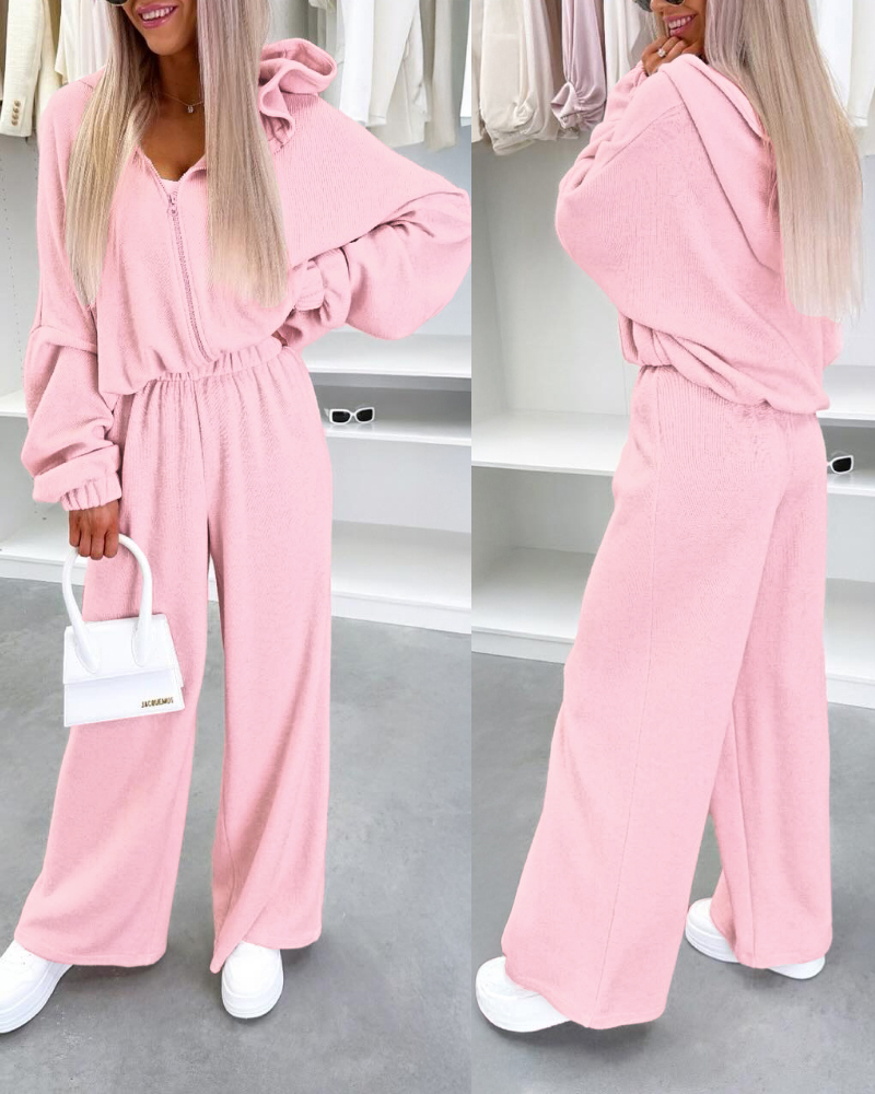 2 Pieces Outfit Drop Shoulder Zip Up Loose Hoodie Sweatshirt and Casual Elastic Waist Wide Leg Sweatpants Set