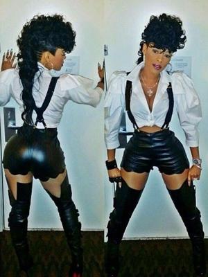 New Fashion Sexy Black Imitiation Leather Overalls Suspender Trousers Including White Blouse Two-pieces Set