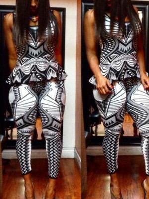 Women's Vintage Geometric Patterned  Suit Set Sleeveless Top+Full Skinny Pants