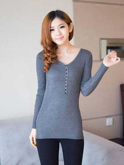 Wome'n Fall Fashion Long Sleeve V Neck Casual Slim Tops Knit Sweater Winter T-shirt Blouse