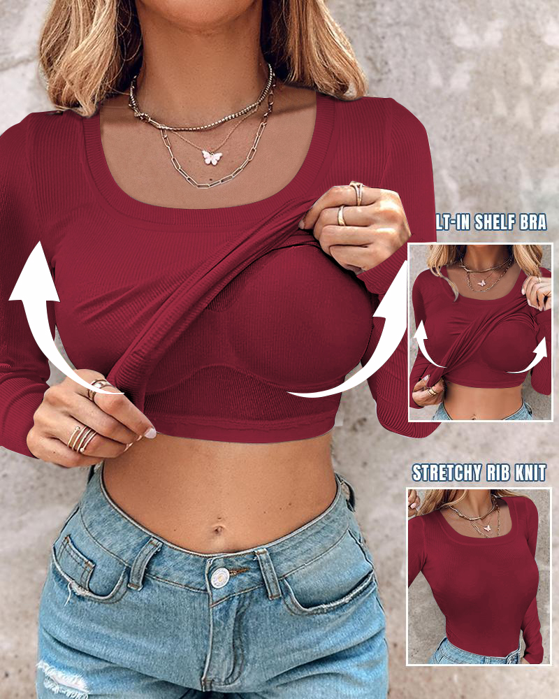 ChicMe Built-in Bra U-Neck Long Sleeve Ribbed Top