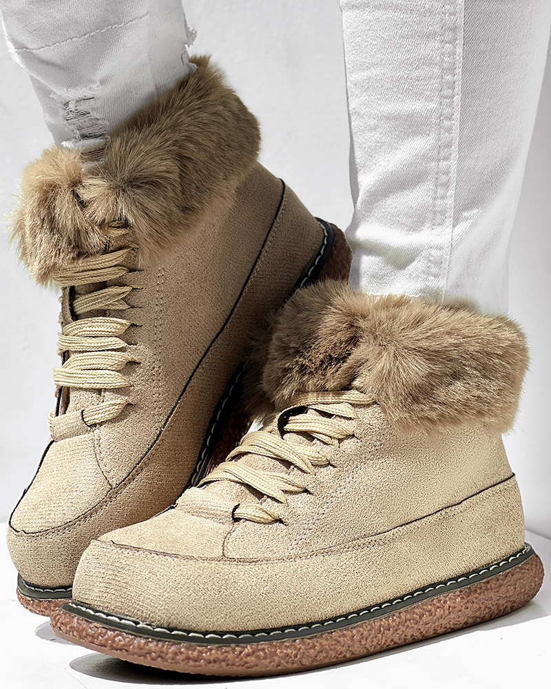 Fuzzy Detail Lined Lace-up Snow Boots